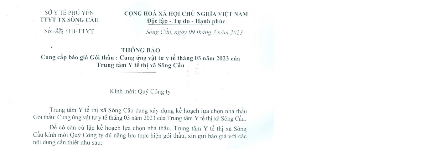 TB Cung cấp báo giá Gói thầu: Cung ứng VTYT tháng 03 năm 2023 của Trung tâm Y tế thị xã Sông Cầu
