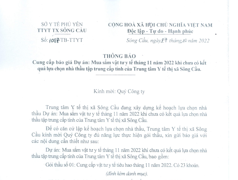 Thư mời báo giá vật tư Y tế tháng 11 năm 2022