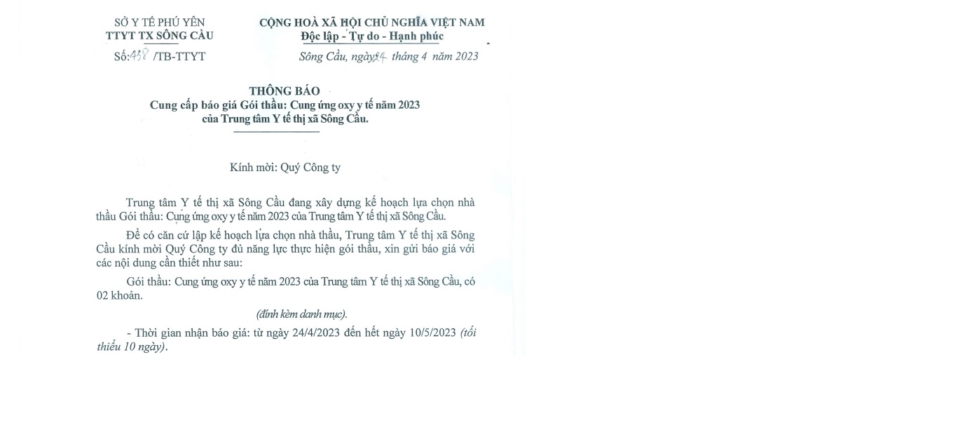 Thông báo Cung cấp báo giá Gói thầu: Cung ứng oxy y tế năm 2023 của Trung tâm Y tế thị xã Sông Cầu