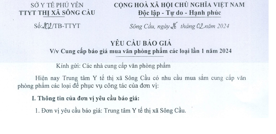Yêu cầu báo giá văn phòng phẩm các loại lần 1 năm 2024