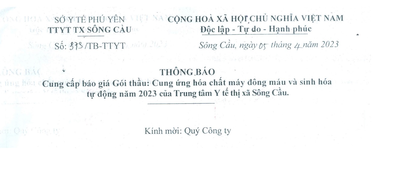 TBCC báo giá Gói thầu: Cung ứng hóa chất máy đông máu và sinh hóa tự động năm 2023 của TTYTTXSC