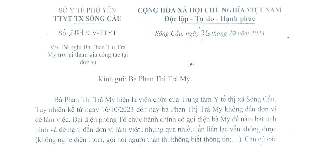 Vụ việc Đề nghị Bà Phan Thị Trà My trở lại tham gia công tác tại đơn vị